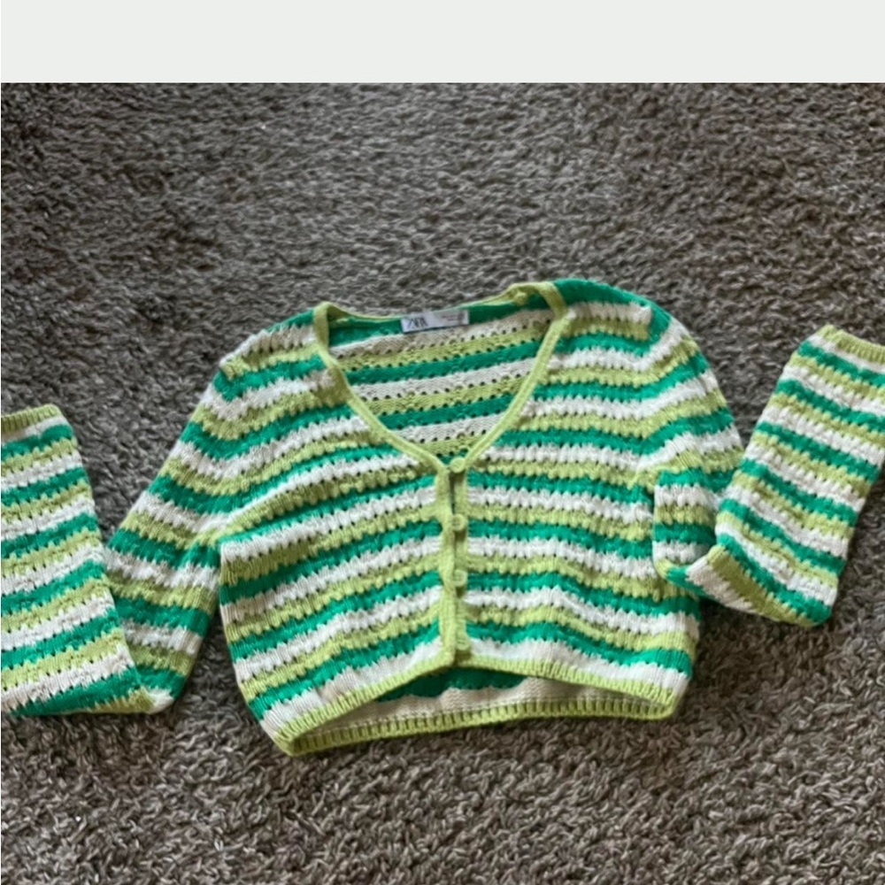 Zara Green and White Striped Cardigan Sweater